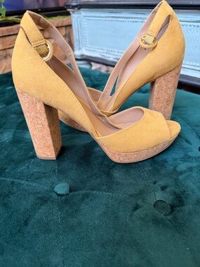 Sun + Stone Reeta Pale Yellow Suede Cork Platform Heels